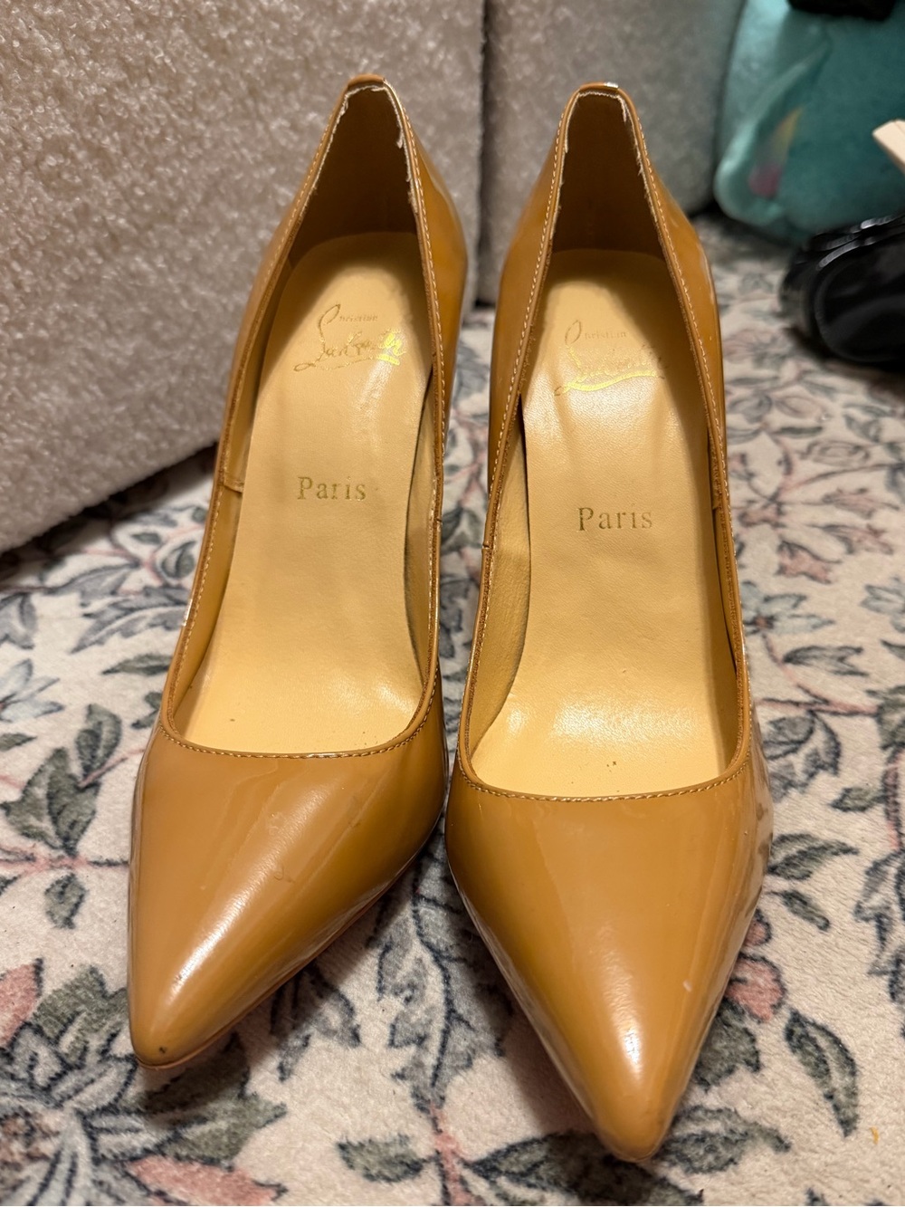 Christian Louboutin Tan Patent Leather Pointed-Toe Pumps